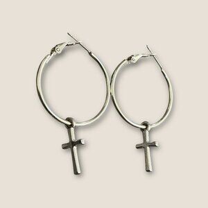 Silver-Tone Hoop Earrings With Cross Dangle Charms Fashion Jewelry